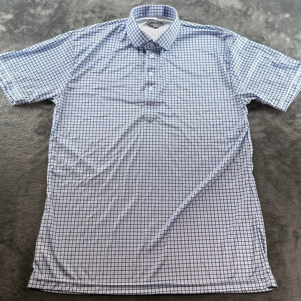 Collars & Co Mens Dress Collar Polo Shirt Blue White Check Plaid Large L Golf